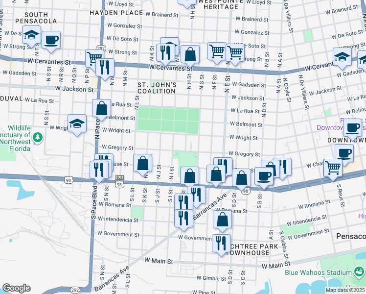 map of restaurants, bars, coffee shops, grocery stores, and more near 1400 West Gregory Street in Pensacola