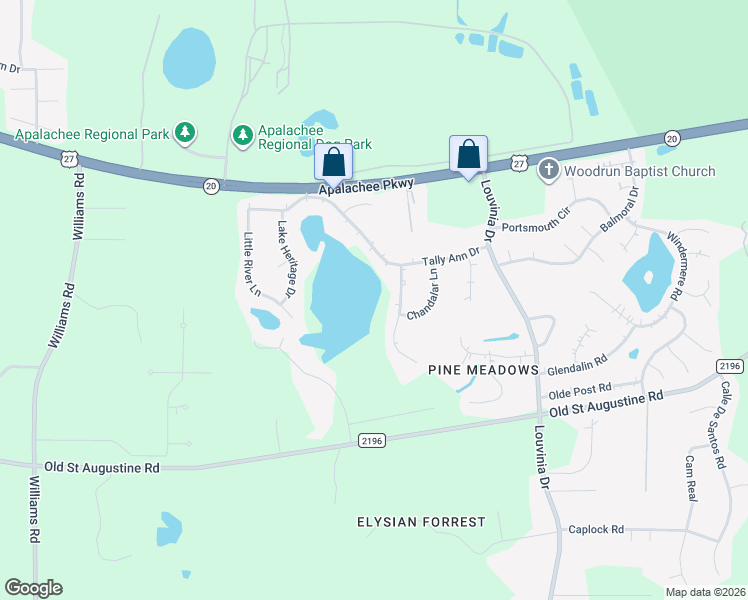 map of restaurants, bars, coffee shops, grocery stores, and more near 2598 Chateau Lane in Tallahassee
