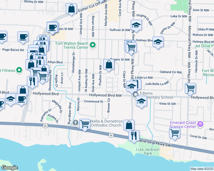 map of restaurants, bars, coffee shops, grocery stores, and more near 414 Sea Rover Lane Northwest in Fort Walton Beach