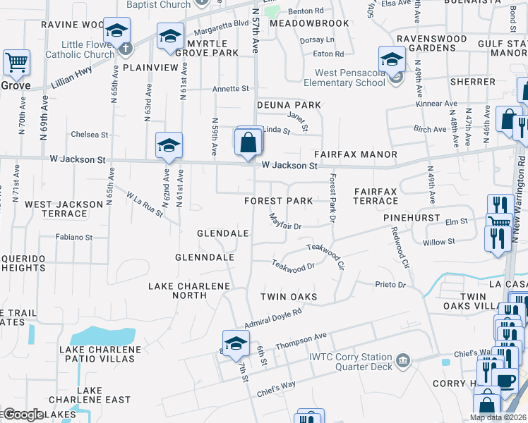 map of restaurants, bars, coffee shops, grocery stores, and more near 5541 Mayfair Circle in Pensacola