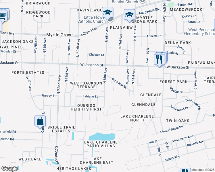 map of restaurants, bars, coffee shops, grocery stores, and more near 400 North 65th Avenue in Pensacola