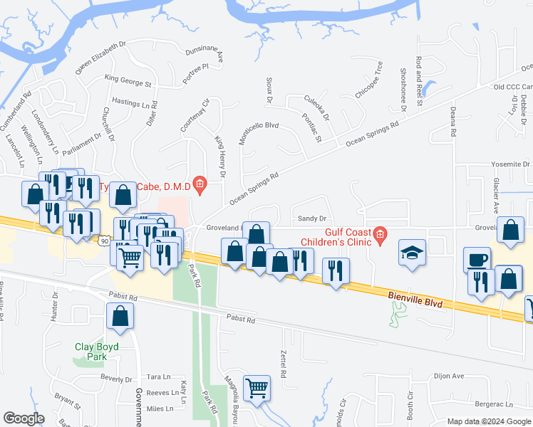 map of restaurants, bars, coffee shops, grocery stores, and more near 116 Station Drive in Ocean Springs