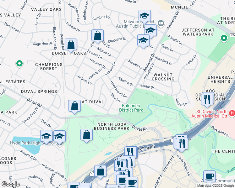 map of restaurants, bars, coffee shops, grocery stores, and more near 3802 Eton Lane in Austin