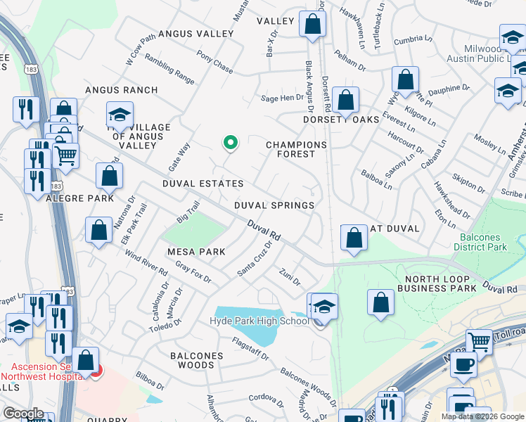 map of restaurants, bars, coffee shops, grocery stores, and more near 4508 Duval Road in Austin