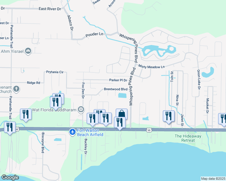 map of restaurants, bars, coffee shops, grocery stores, and more near 9573 Brentwood Boulevard in Navarre