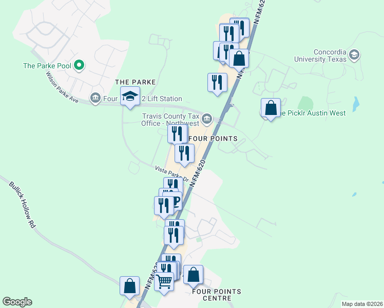 map of restaurants, bars, coffee shops, grocery stores, and more near 8012 North FM 620 in Austin