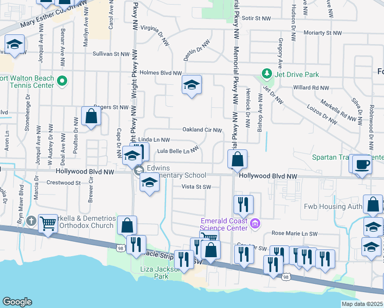 map of restaurants, bars, coffee shops, grocery stores, and more near 320 Lula Belle Lane Northwest in Fort Walton Beach