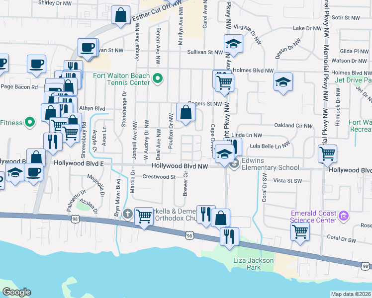 map of restaurants, bars, coffee shops, grocery stores, and more near 414 Sea Rover Lane Northwest in Fort Walton Beach