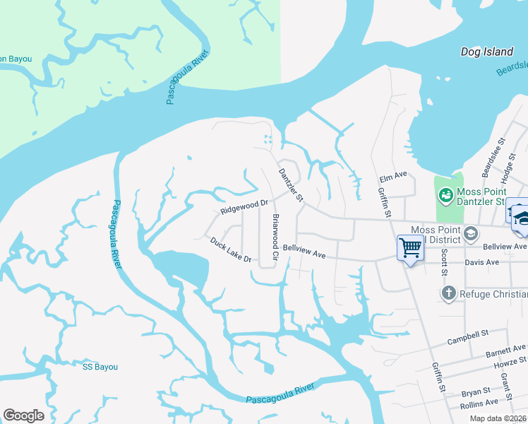 map of restaurants, bars, coffee shops, grocery stores, and more near 2704 Briarwood Circle in Moss Point