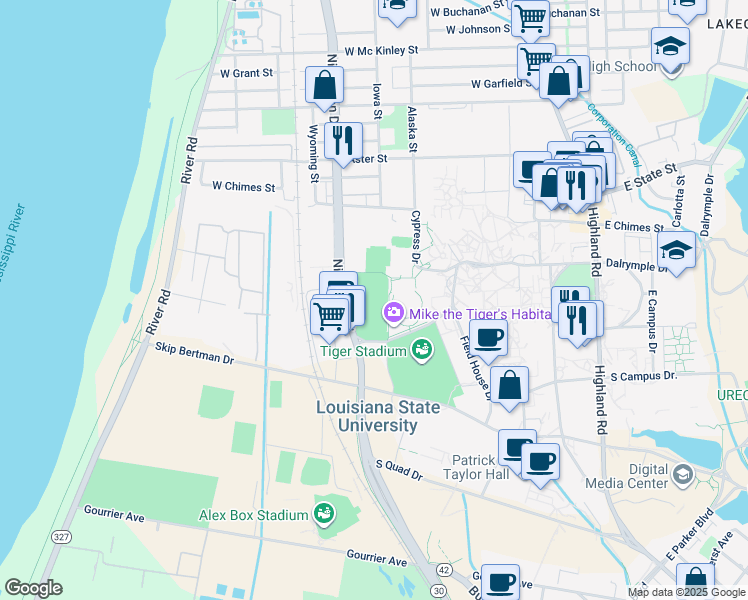 map of restaurants, bars, coffee shops, grocery stores, and more near 1 North Stadium Drive in Baton Rouge