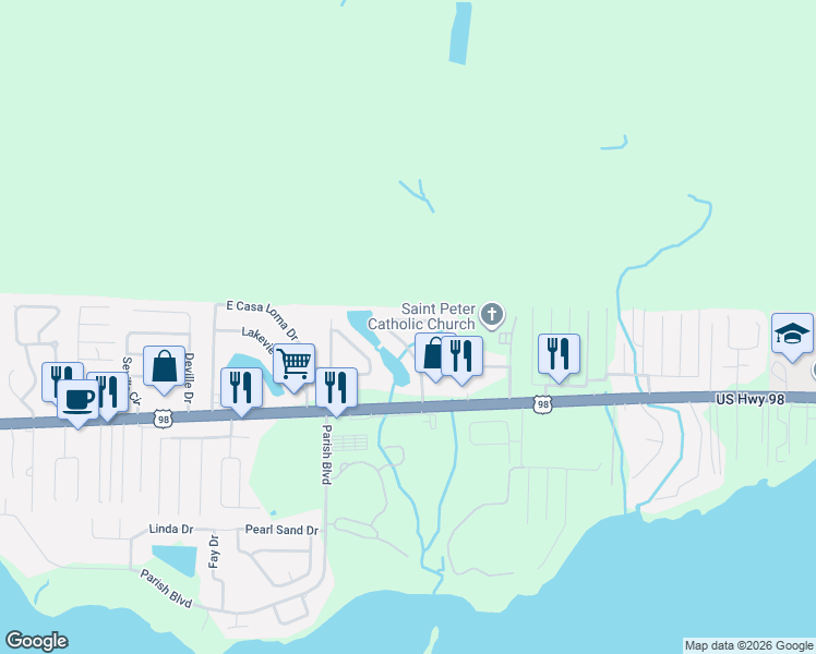 map of restaurants, bars, coffee shops, grocery stores, and more near 549 East Timberlake Drive in Mary Esther