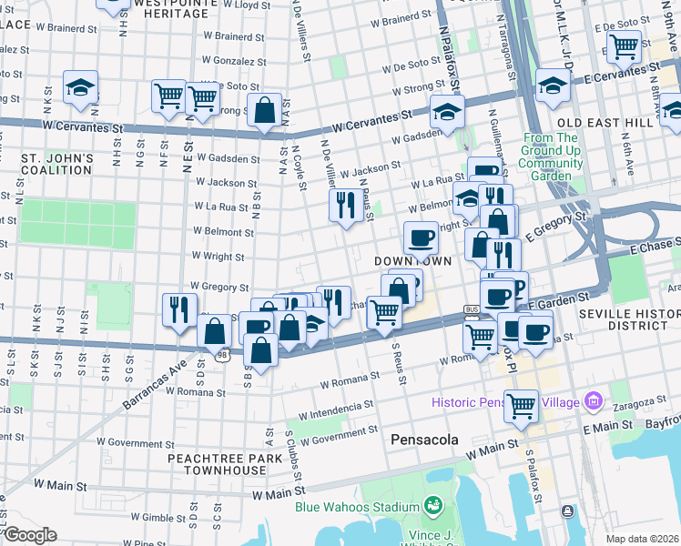 map of restaurants, bars, coffee shops, grocery stores, and more near 521 West Gregory Street in Pensacola
