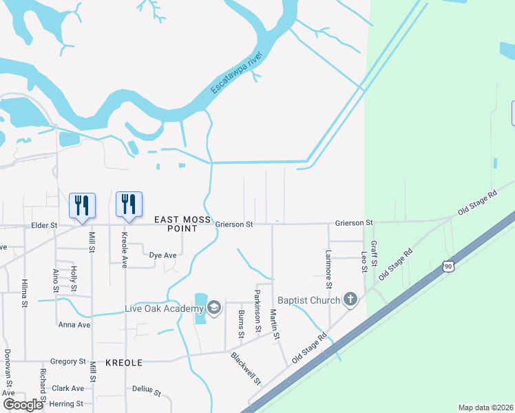 map of restaurants, bars, coffee shops, grocery stores, and more near 5012 Willow Street in Moss Point
