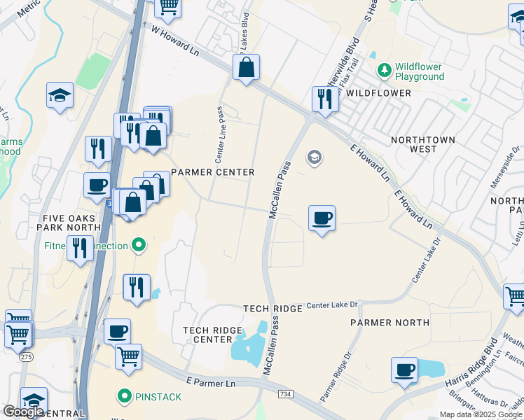 map of restaurants, bars, coffee shops, grocery stores, and more near Center Ridge Drive in Austin