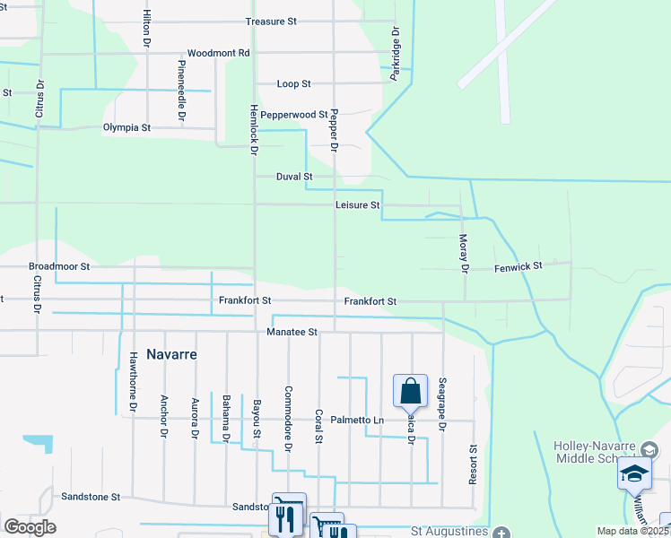map of restaurants, bars, coffee shops, grocery stores, and more near 2147 Pepper Drive in Navarre