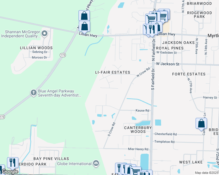 map of restaurants, bars, coffee shops, grocery stores, and more near 449 Belle Chasse Drive in Pensacola