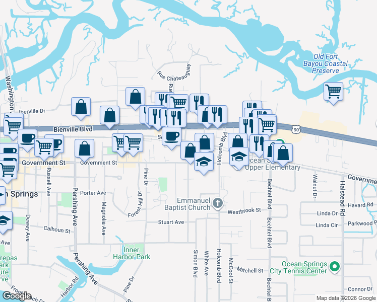 map of restaurants, bars, coffee shops, grocery stores, and more near 2207 Government Street in Ocean Springs