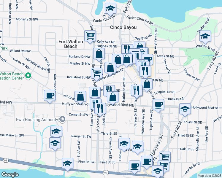 map of restaurants, bars, coffee shops, grocery stores, and more near 7 Mc Griff Street Northeast in Fort Walton Beach