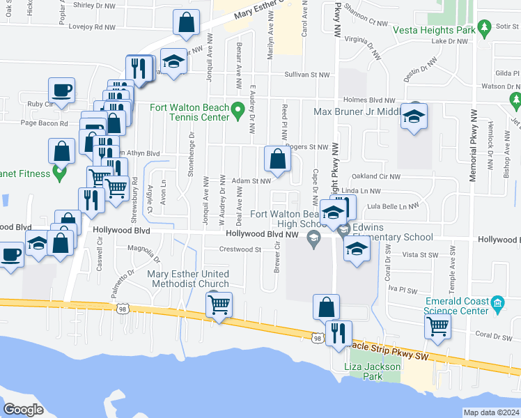 map of restaurants, bars, coffee shops, grocery stores, and more near 21 Poulton Drive Northwest in Fort Walton Beach