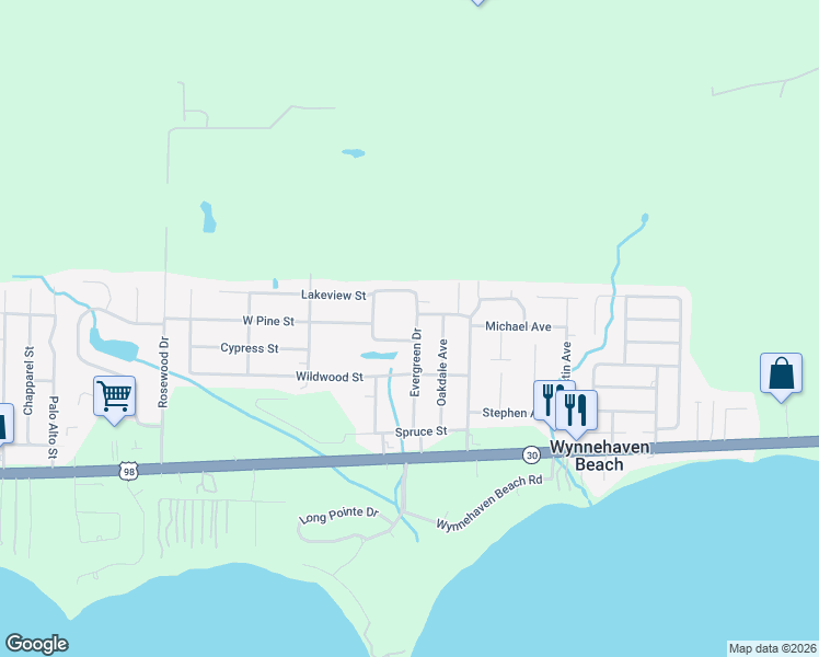 map of restaurants, bars, coffee shops, grocery stores, and more near 311 Evergreen Drive in Mary Esther