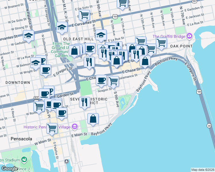 map of restaurants, bars, coffee shops, grocery stores, and more near 9 South 9th Avenue in Pensacola
