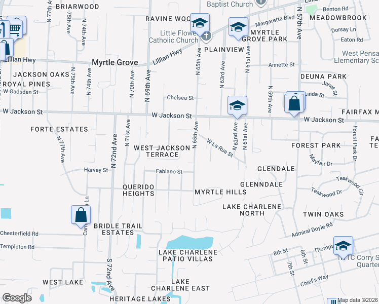 map of restaurants, bars, coffee shops, grocery stores, and more near 6720 Malvern Street in Pensacola