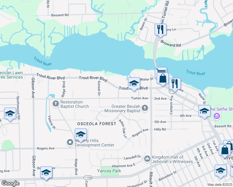 map of restaurants, bars, coffee shops, grocery stores, and more near 9814 Winston Street in Jacksonville