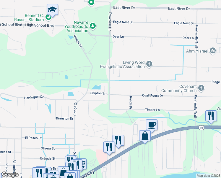 map of restaurants, bars, coffee shops, grocery stores, and more near 2218 Pawnee Drive in Navarre