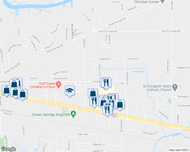 map of restaurants, bars, coffee shops, grocery stores, and more near 403 Woodward Drive in Ocean Springs