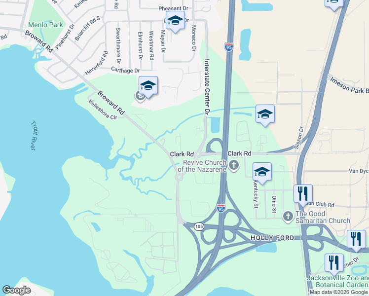 map of restaurants, bars, coffee shops, grocery stores, and more near 500-598 Clark Rd in Jacksonville