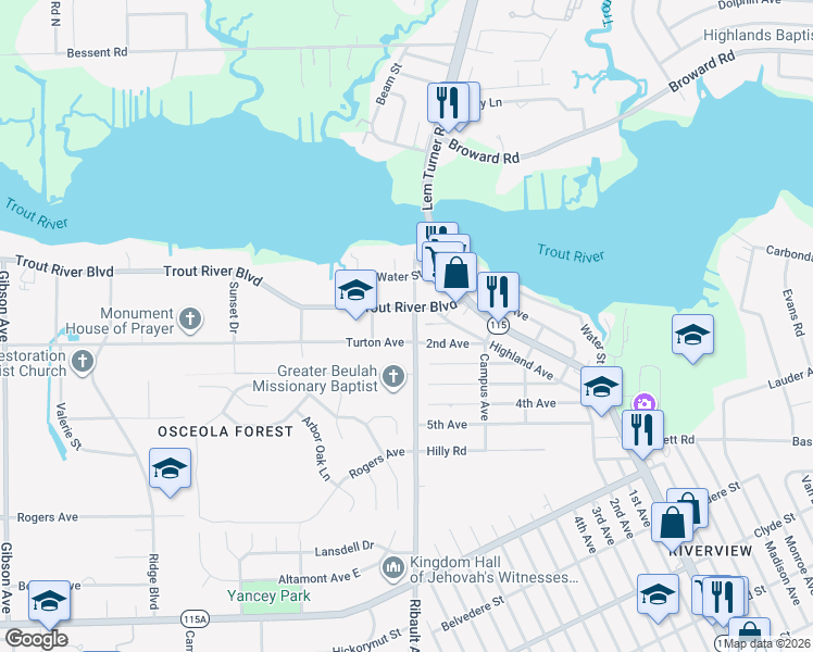 map of restaurants, bars, coffee shops, grocery stores, and more near 9820 Ribault Avenue in Jacksonville