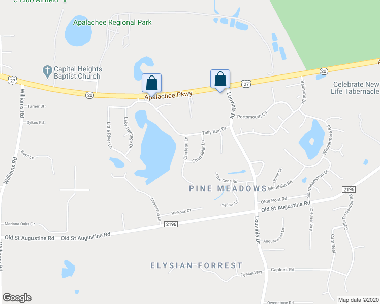 map of restaurants, bars, coffee shops, grocery stores, and more near 2612 Chateau Lane in Tallahassee