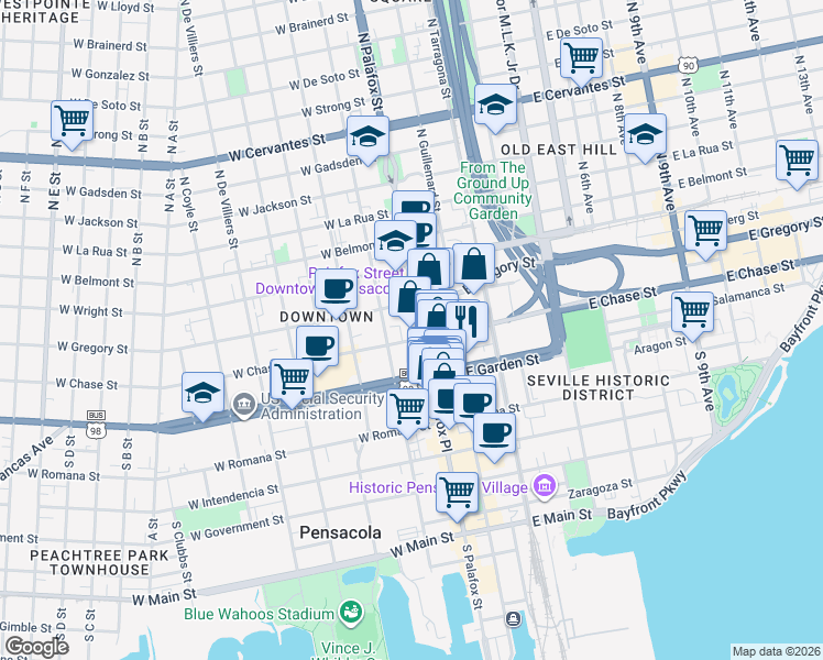 map of restaurants, bars, coffee shops, grocery stores, and more near 32 North Palafox Street in Pensacola