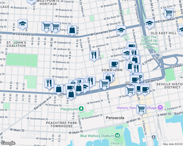 map of restaurants, bars, coffee shops, grocery stores, and more near 521 West Gregory Street in Pensacola