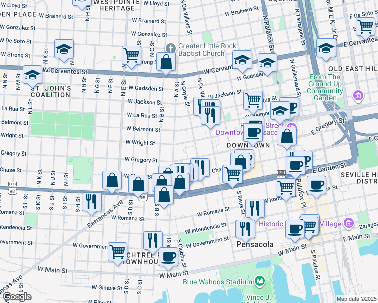 map of restaurants, bars, coffee shops, grocery stores, and more near 624 West Gregory Street in Pensacola