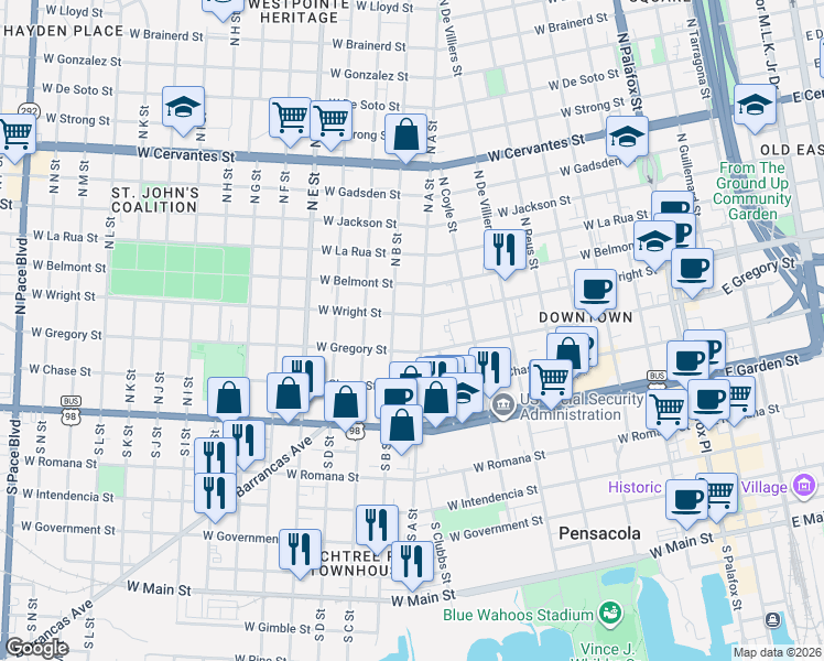 map of restaurants, bars, coffee shops, grocery stores, and more near 708 West Gregory Street in Pensacola