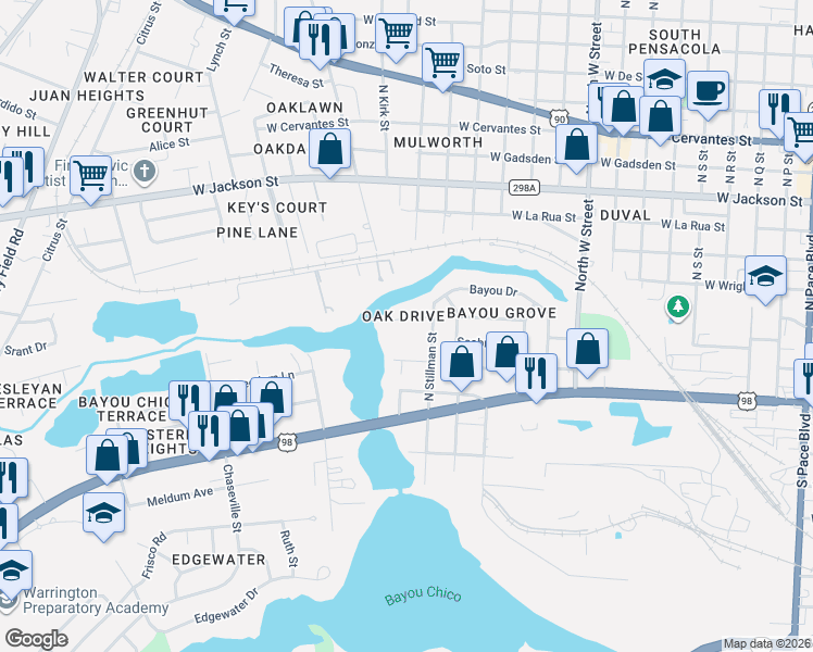 map of restaurants, bars, coffee shops, grocery stores, and more near 100 North Stillman Street in Pensacola