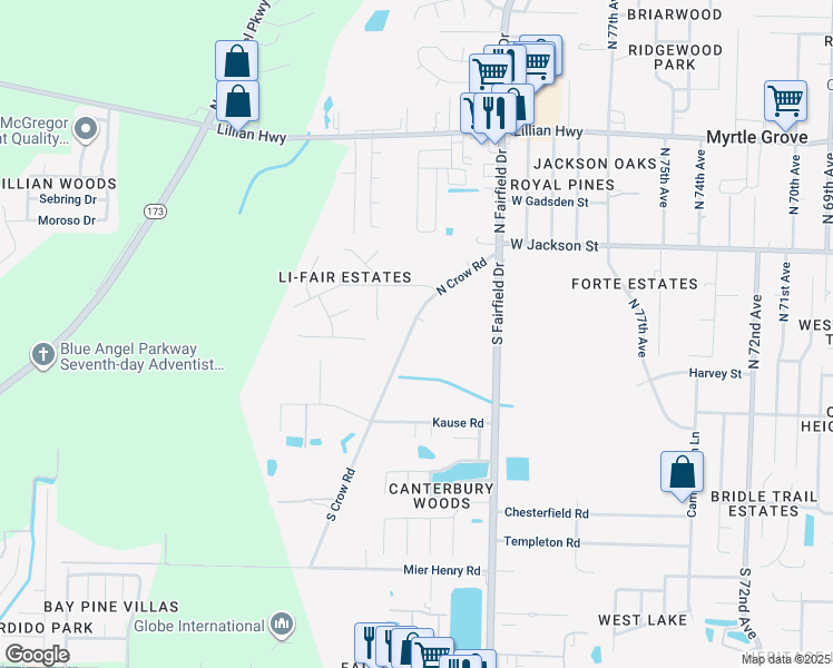 map of restaurants, bars, coffee shops, grocery stores, and more near 155 North Crow Road in Pensacola