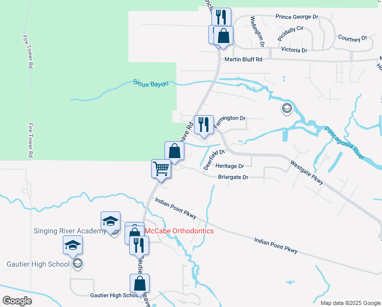 map of restaurants, bars, coffee shops, grocery stores, and more near 5090 Gautier Vancleave Road in Gautier