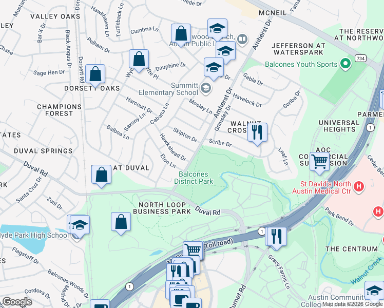 map of restaurants, bars, coffee shops, grocery stores, and more near 3700 Hawkshead Drive in Austin