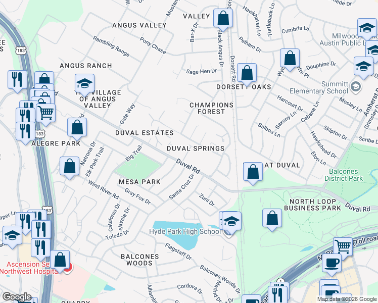 map of restaurants, bars, coffee shops, grocery stores, and more near 4508 Duval Road in Austin