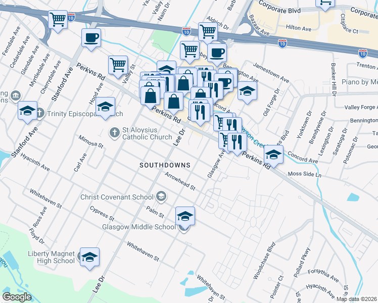 map of restaurants, bars, coffee shops, grocery stores, and more near 4638 Tupello Street in Baton Rouge