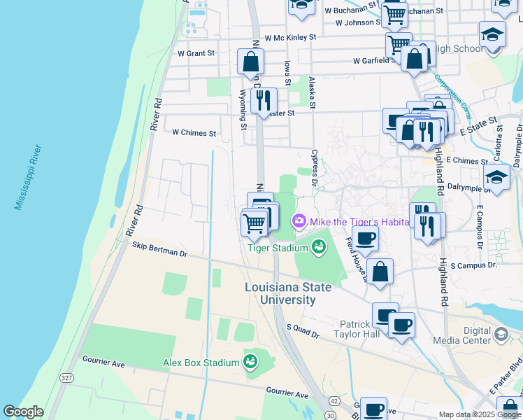 map of restaurants, bars, coffee shops, grocery stores, and more near 3650 Nicholson Drive in Baton Rouge