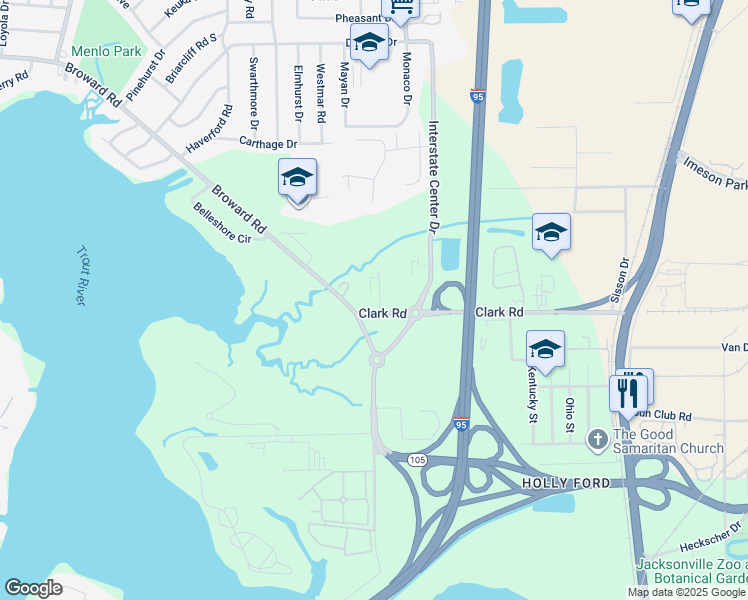 map of restaurants, bars, coffee shops, grocery stores, and more near 1188 Broward Road in Jacksonville
