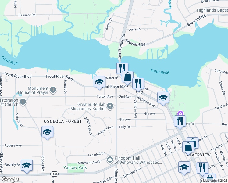 map of restaurants, bars, coffee shops, grocery stores, and more near 9820 Ribault Avenue in Jacksonville