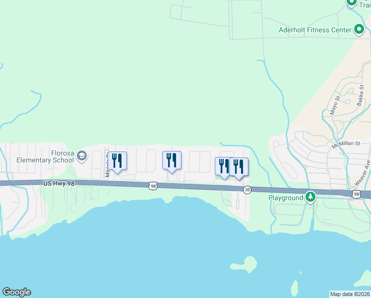 map of restaurants, bars, coffee shops, grocery stores, and more near 89 Josie Road in Mary Esther