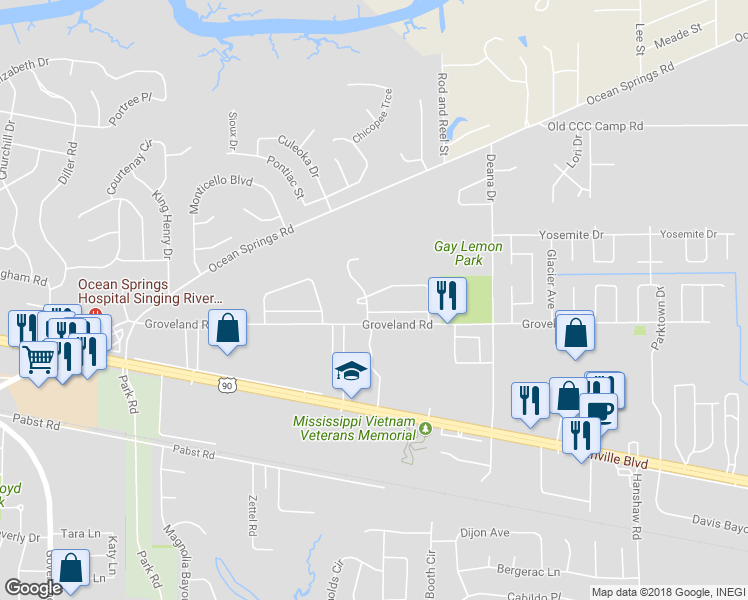 map of restaurants, bars, coffee shops, grocery stores, and more near 3508 Springwood Lane in Ocean Springs