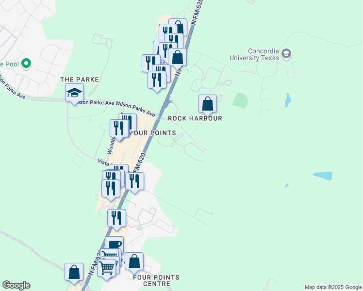 map of restaurants, bars, coffee shops, grocery stores, and more near 8021 Ranch Road 620 in Austin