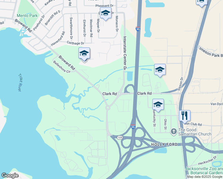 map of restaurants, bars, coffee shops, grocery stores, and more near 500-598 Clark Rd in Jacksonville