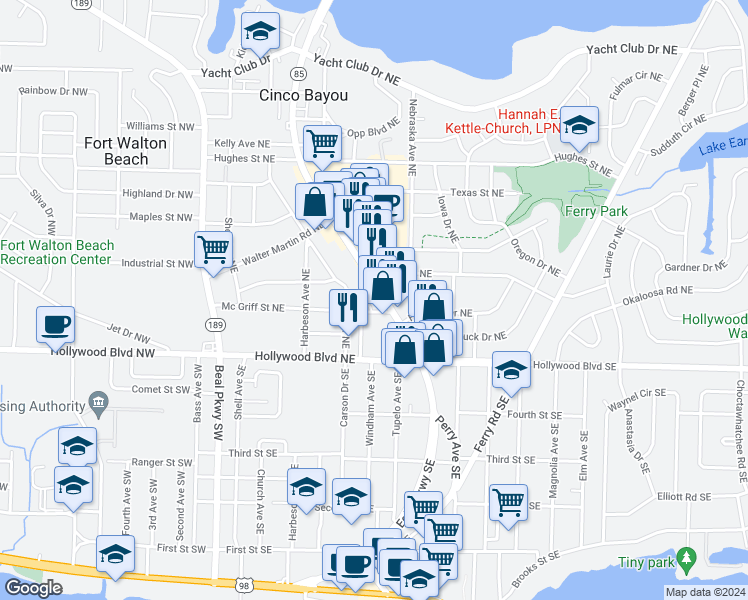 map of restaurants, bars, coffee shops, grocery stores, and more near 50 Eglin Parkway Northeast in Fort Walton Beach